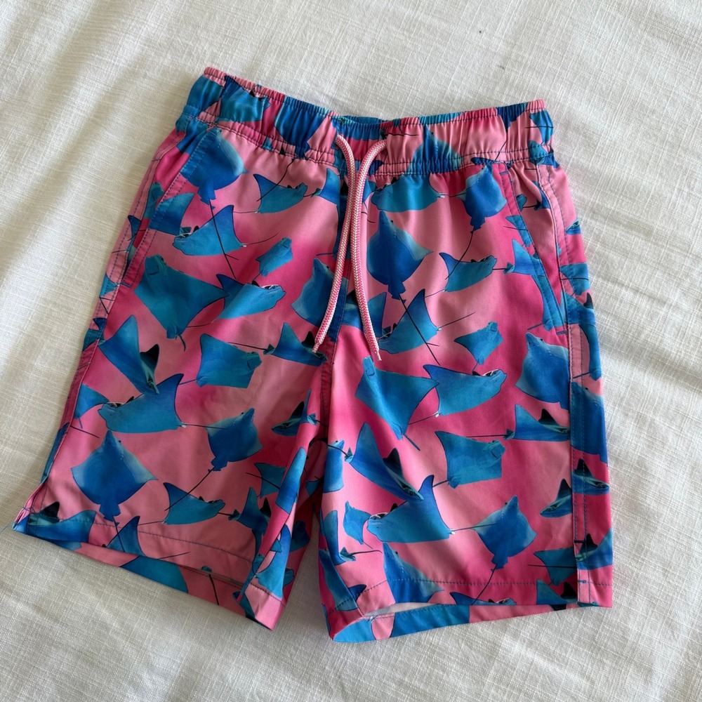 Peter Millar Boys Pink Blue Stingray Print Swim Trunks Shorts XS 5-6